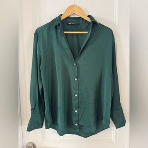 Zara Dark Green Satin Button-Down Blouse
